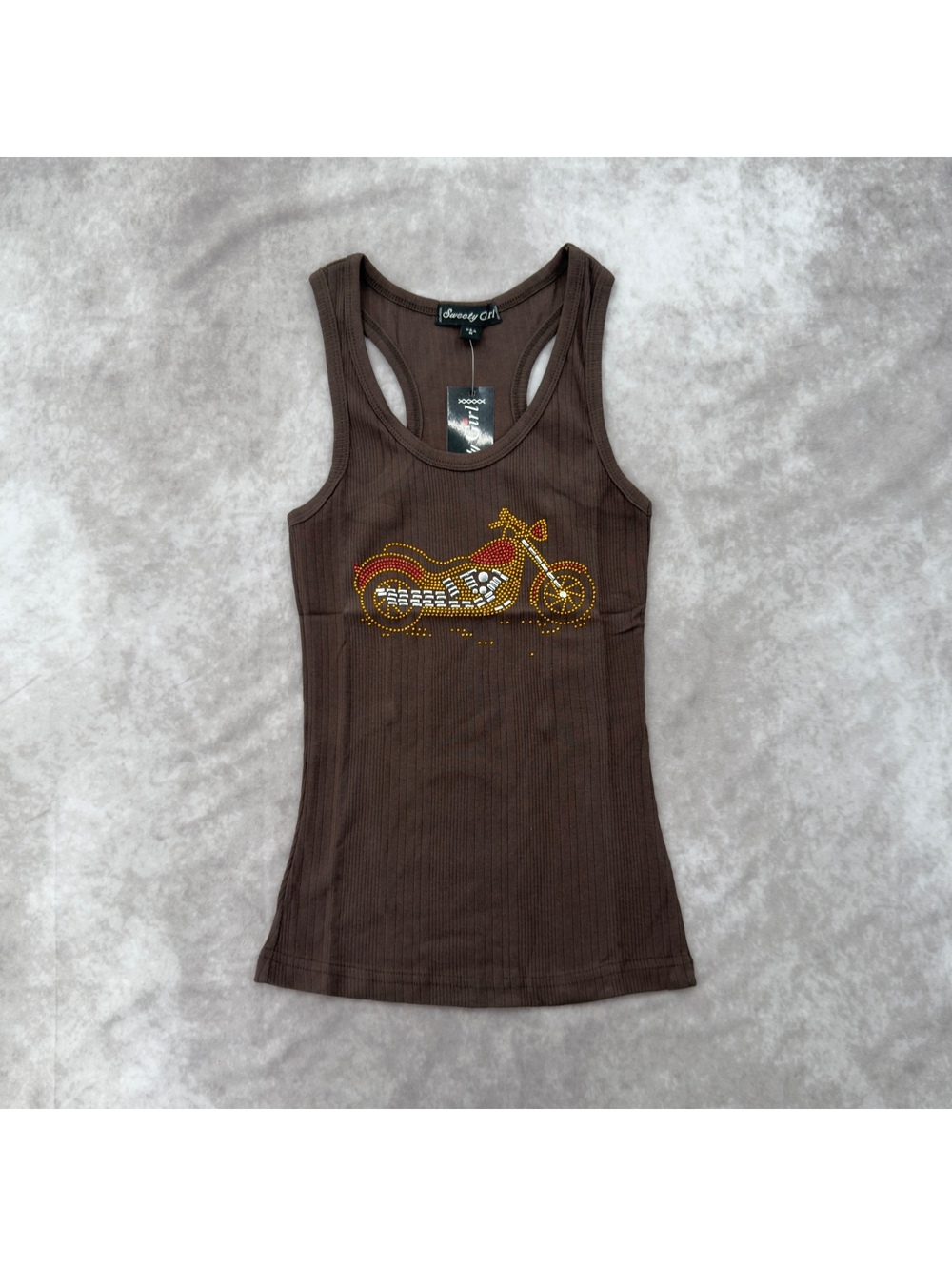 NWT Sweety Girl Brown Ribbed Racerback Tank Top Rhinestone Motorcycle Graphic L
